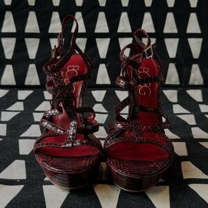 BCBG Burgundy Snakeskin Strappy Heels